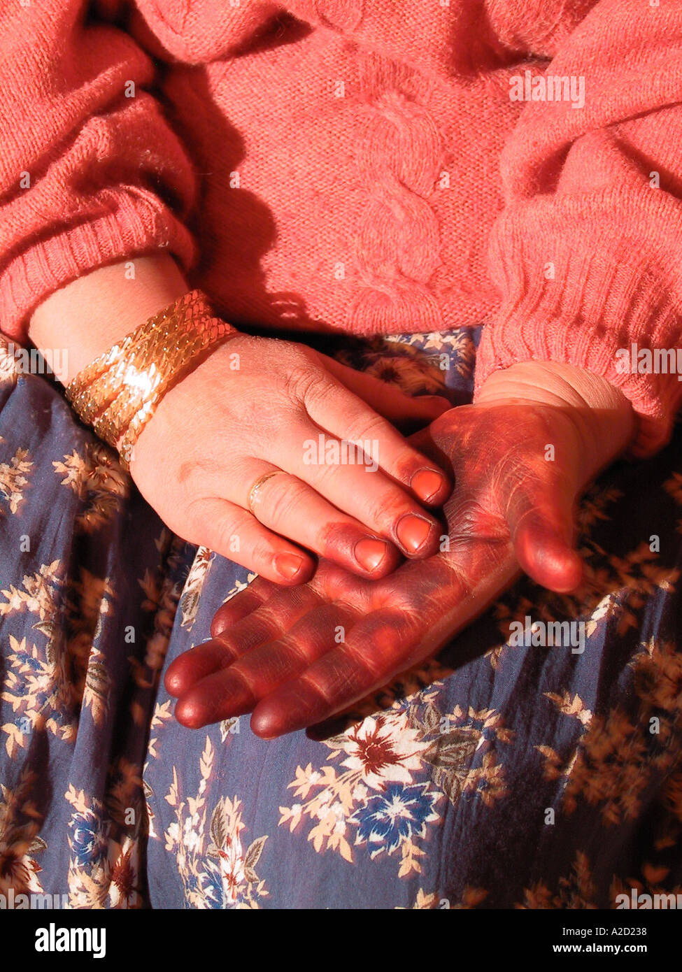 Donna s mani tinti con henné Foto Stock