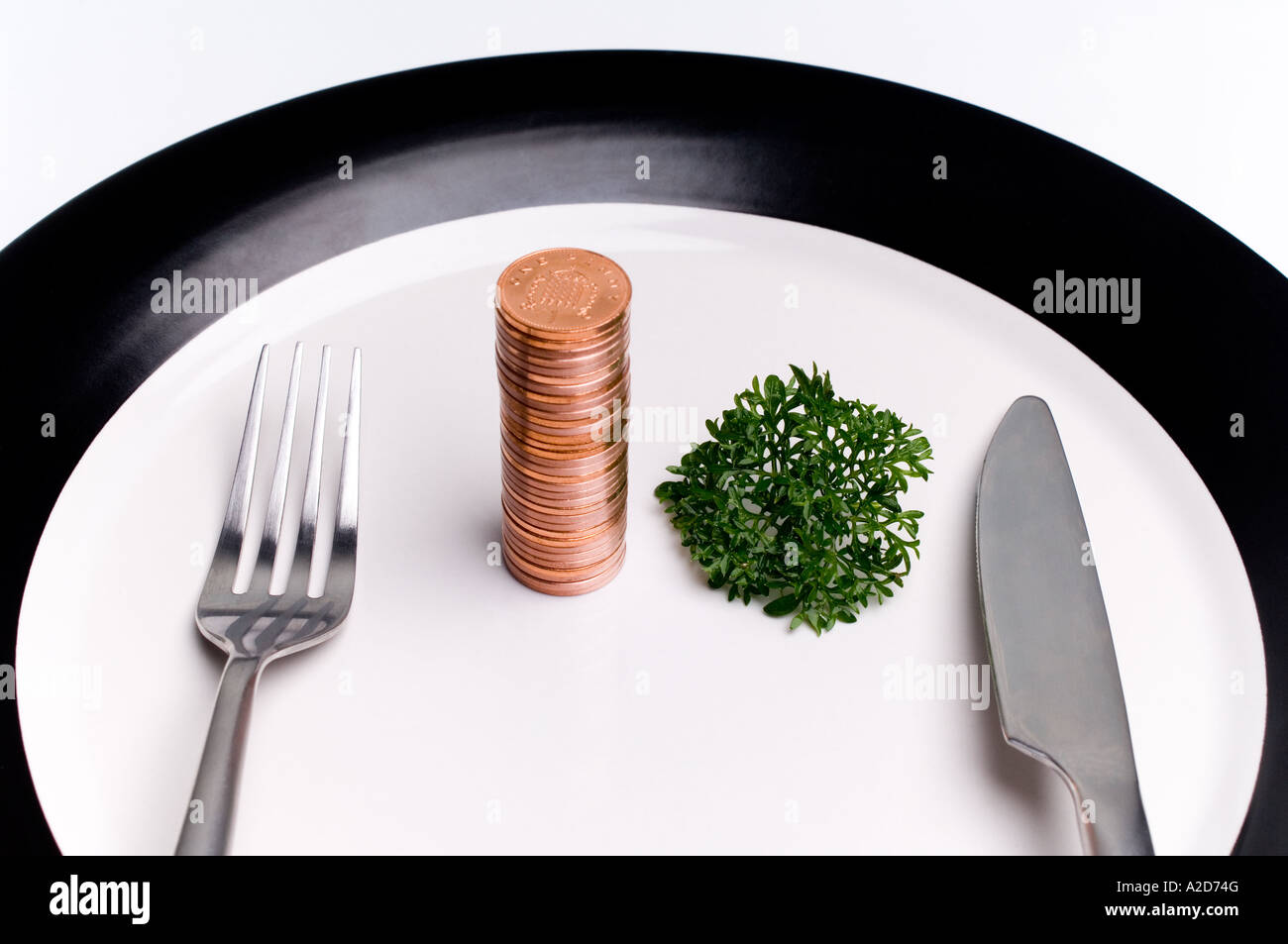 Piastra con un rametto di prezzemolo e una pila di monetine Foto Stock