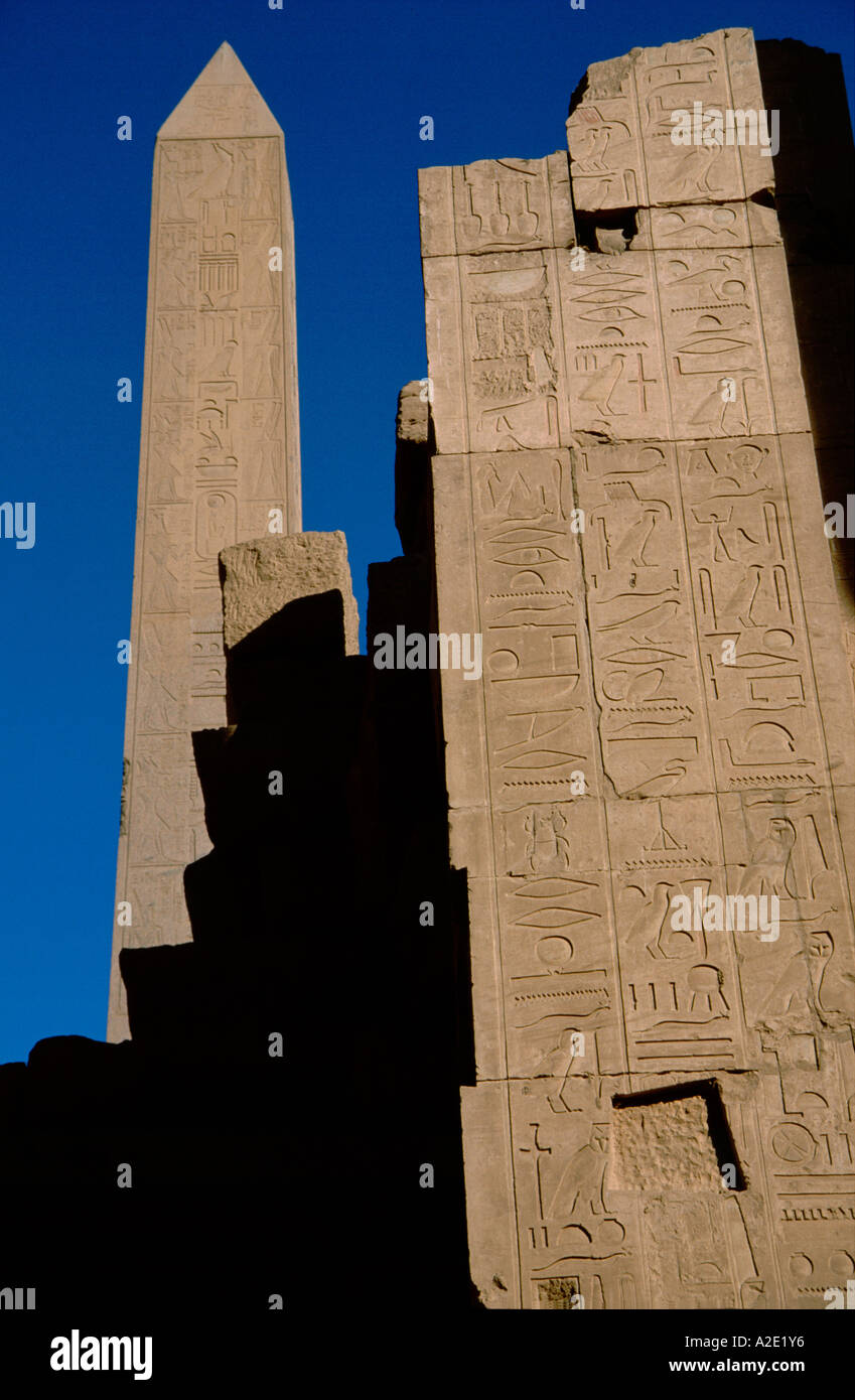 Africa - Egitto - Luxor - Karnak - geroglifica coperto obelisco torreggia su rovine di Karnak Foto Stock