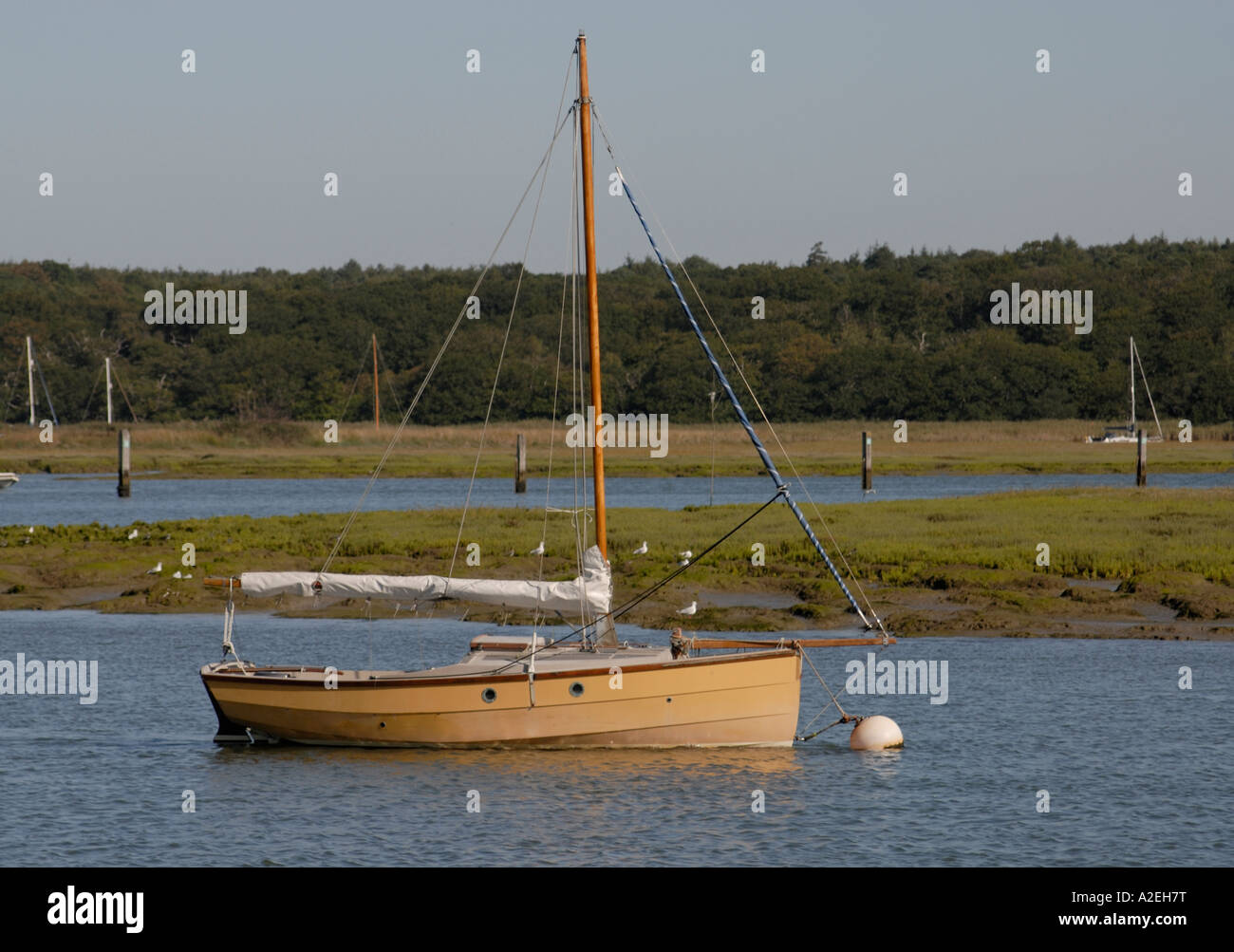 Barca a vela ormeggiata in la marea raggiunge del Fiume Beaulieu Foto Stock