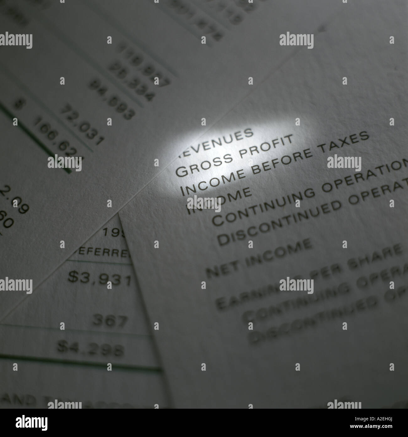 Relazione annuale di dettaglio con la voce di riga evidenziata con la barra di luce Foto Stock