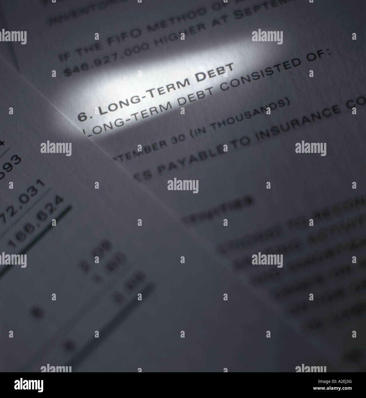 Relazione annuale di dettaglio con la voce di riga evidenziata con la barra di luce Foto Stock