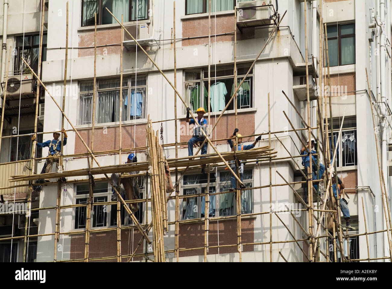 dh Chinese Health Safety MONG KOK HONG KONG operai costruire ponteggi di bambù sulla costruzione della cina lavoratori di alto livello di costruzione lavoratore Foto Stock