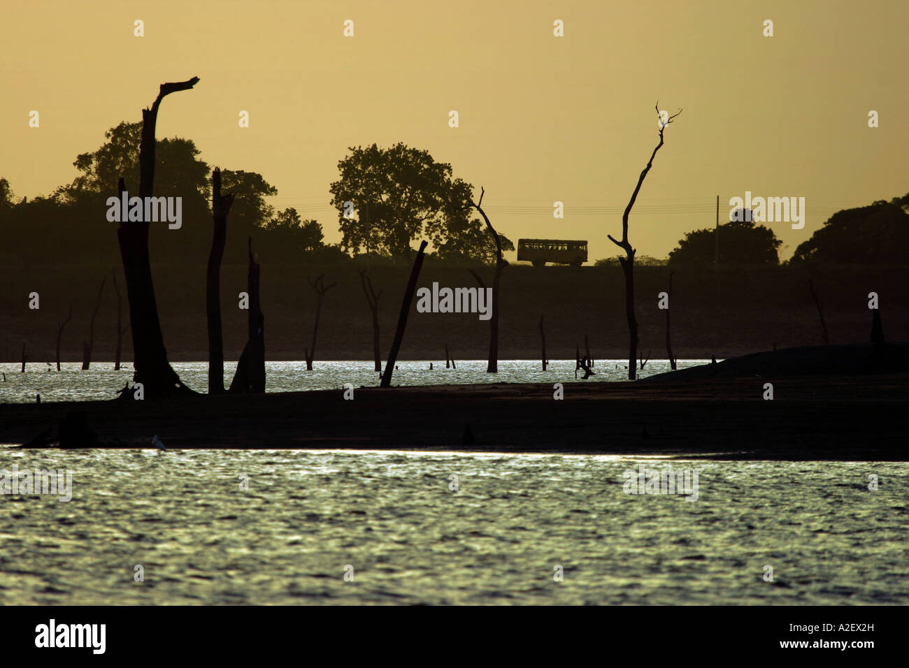 Un autobus attraversa un ponte al tramonto, Kandalama, Sri Lanka centrale, Asia Foto Stock