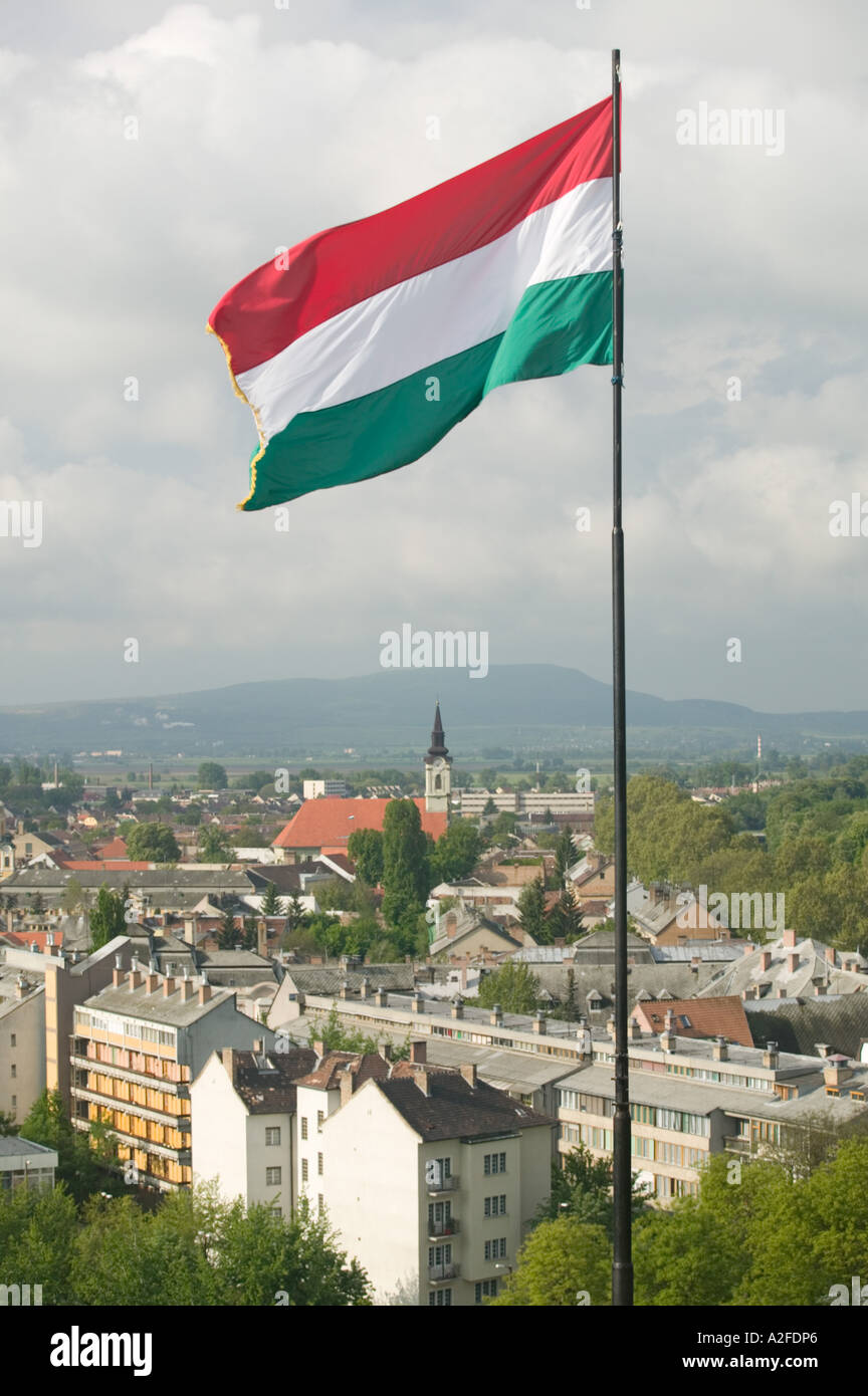 Ungheria, Ansa del Danubio Estergom: Vista Città & bandiera ungherese Foto Stock