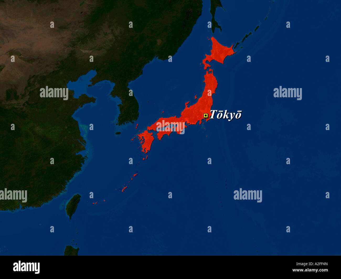 Ha evidenziato un'immagine satellitare del Giappone con capitale di Tokyo mostrato Foto Stock