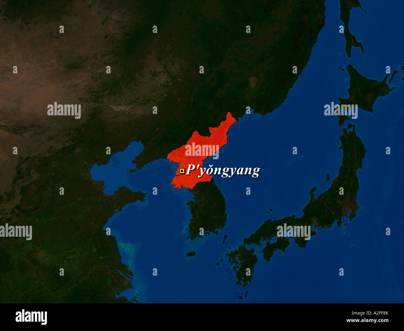 Evidenziato Immagine satellitare della Corea del Nord con capitale Pyongyang mostrato Foto Stock