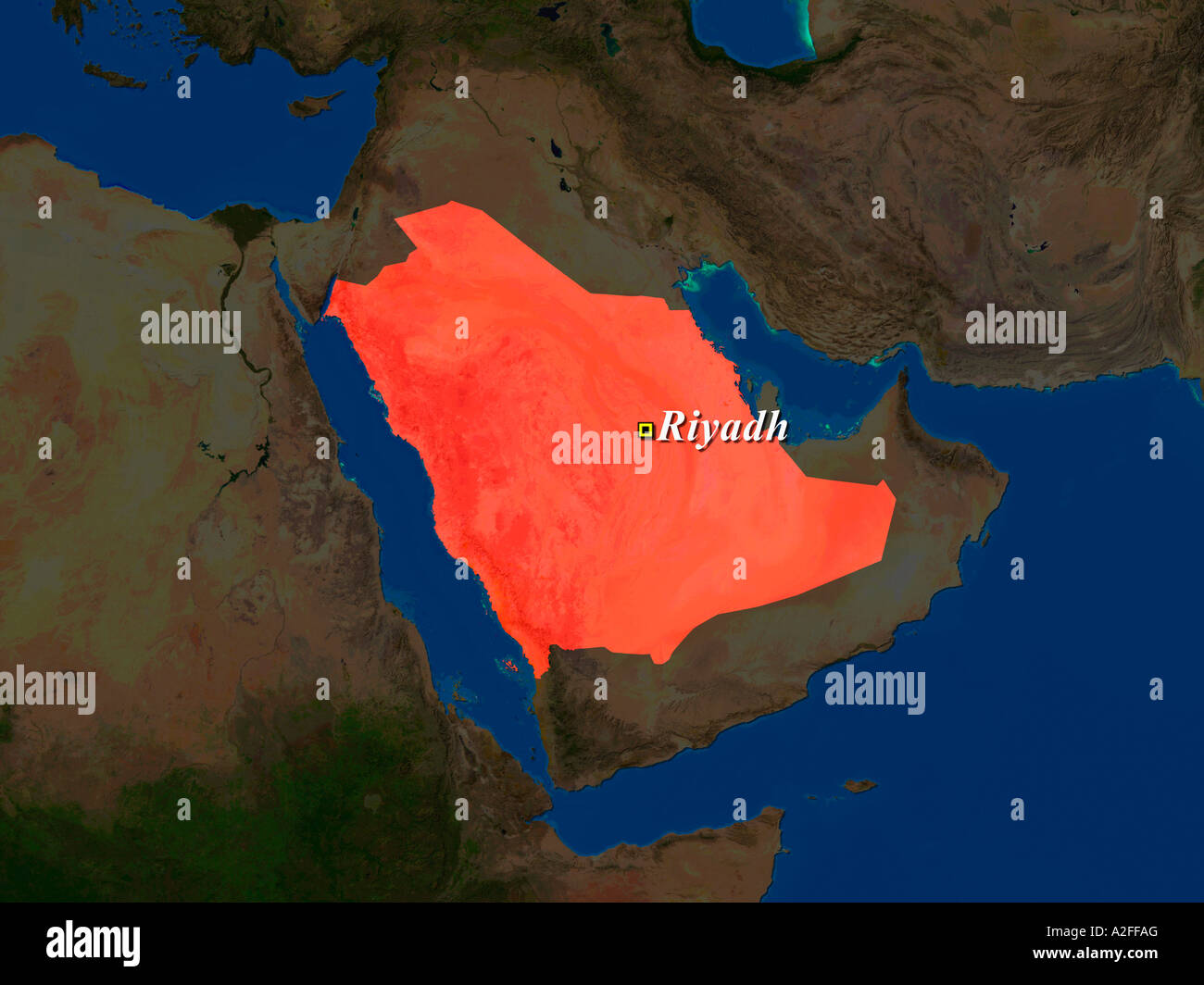 Ha evidenziato un'immagine satellitare di Arabia Saudita con capitale Riyadh mostrato Foto Stock