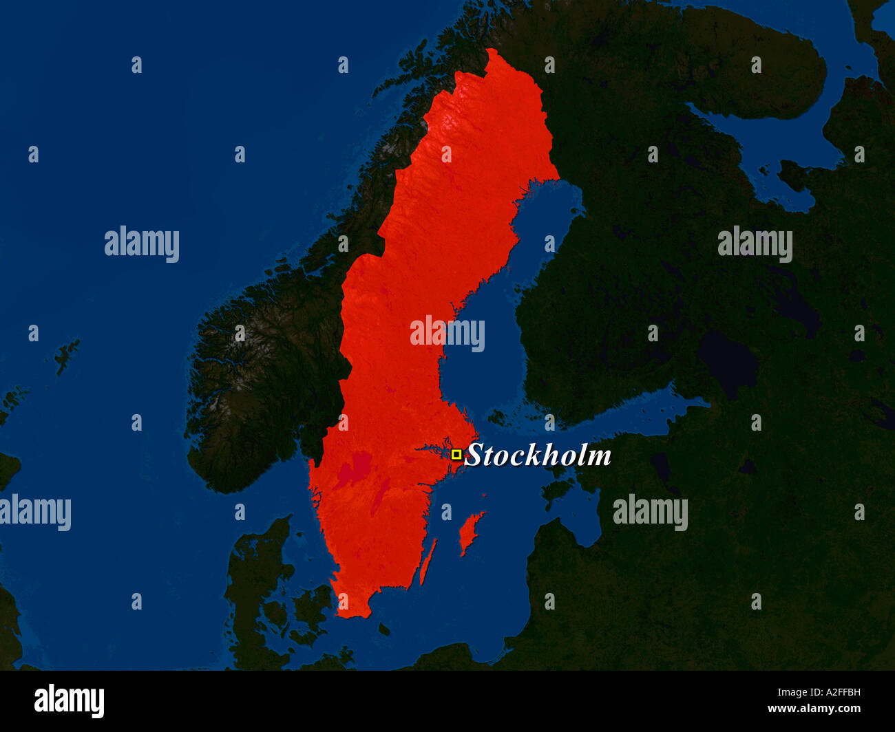 Ha evidenziato un'immagine satellitare di Svezia con capitale Stoccolma mostrato Foto Stock