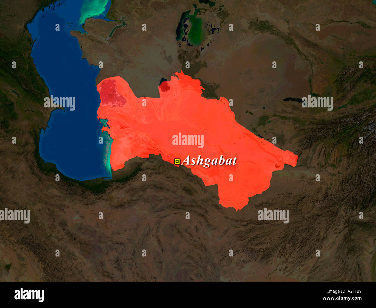 Ha evidenziato un'immagine satellitare del Turkmenistan con capitale Aşgabat mostrato Foto Stock