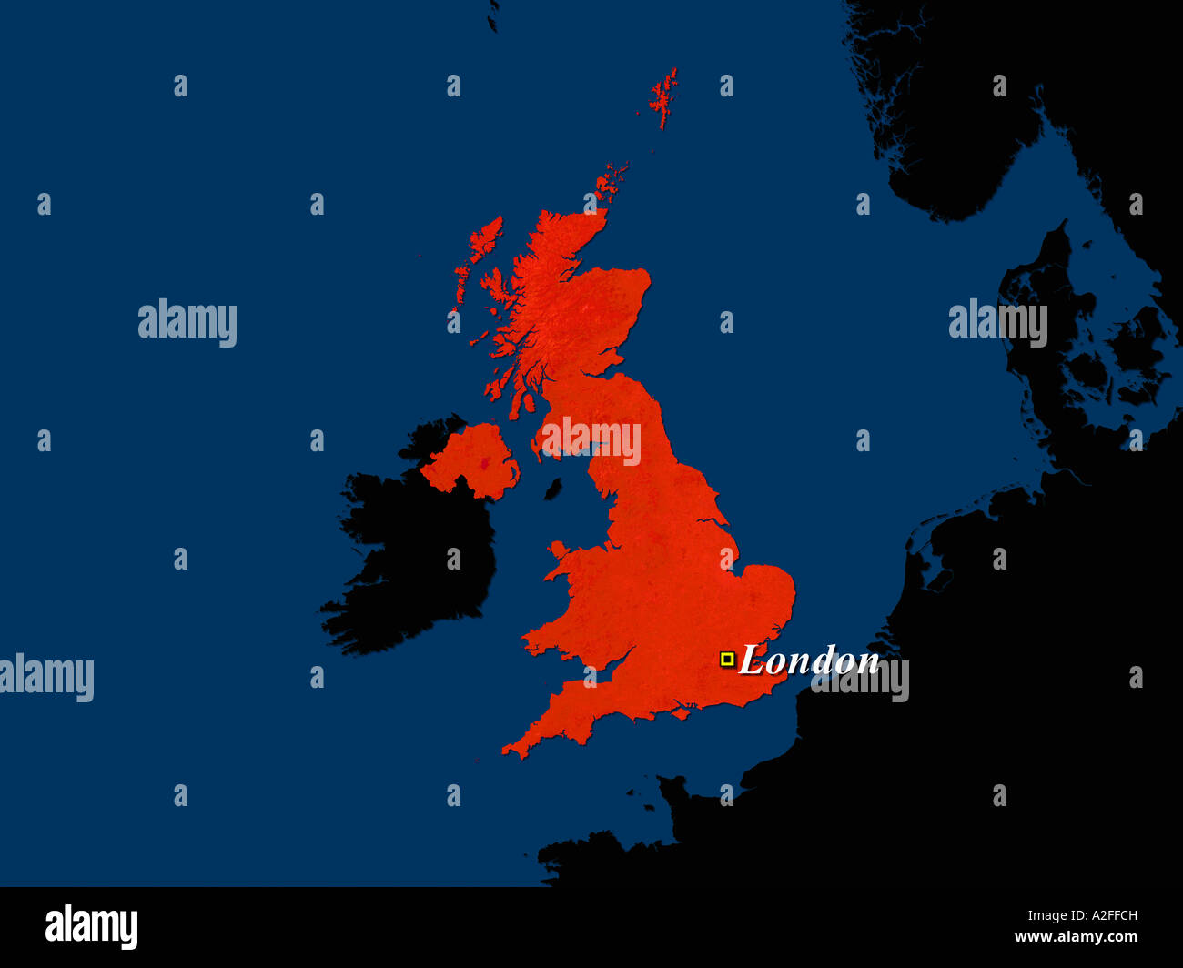 Ha evidenziato un'immagine satellitare del Regno Unito con capitale Londra mostrato Foto Stock