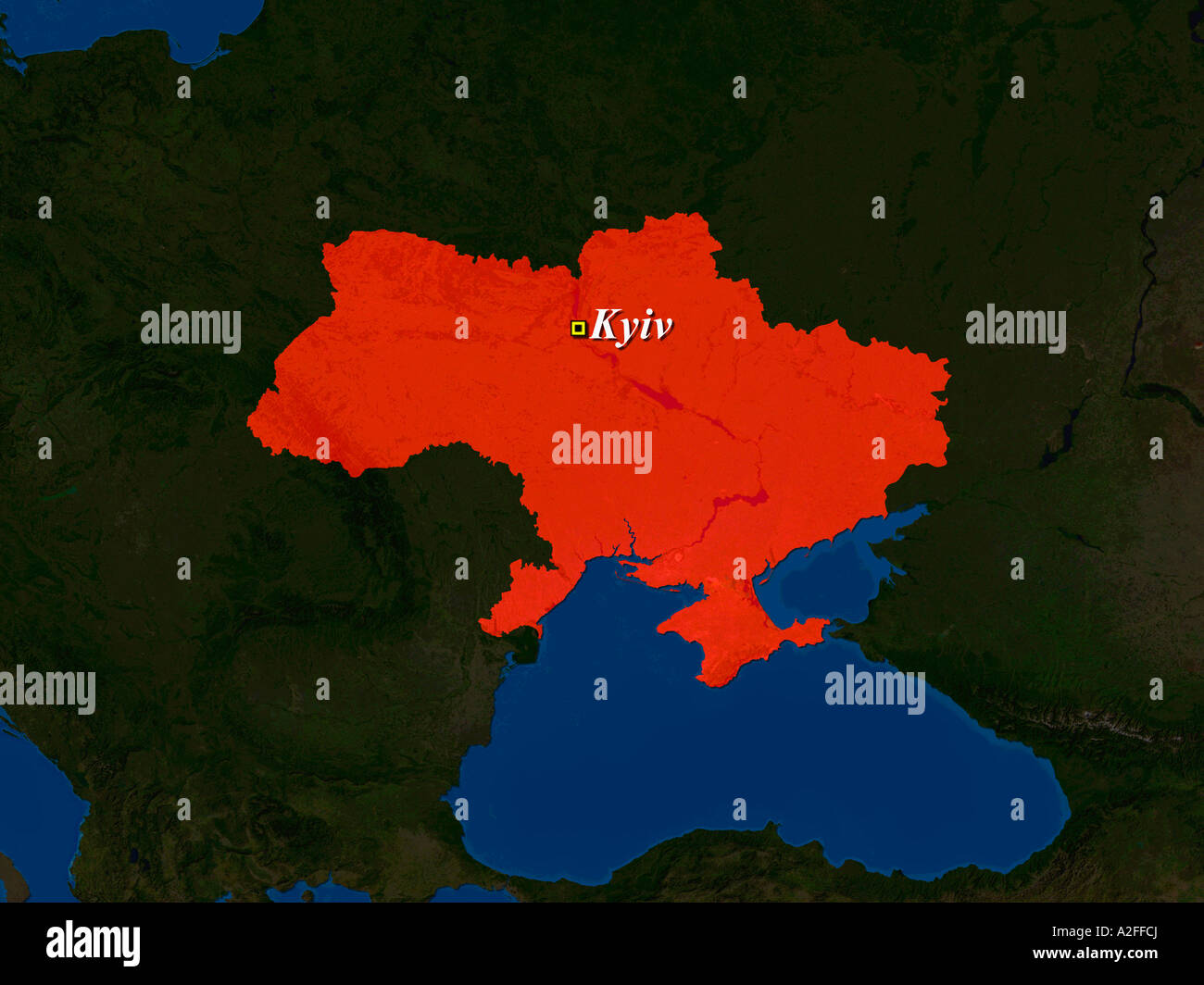 Ha evidenziato un'immagine satellitare dell'Ucraina con capitale Kyiv mostrato Foto Stock