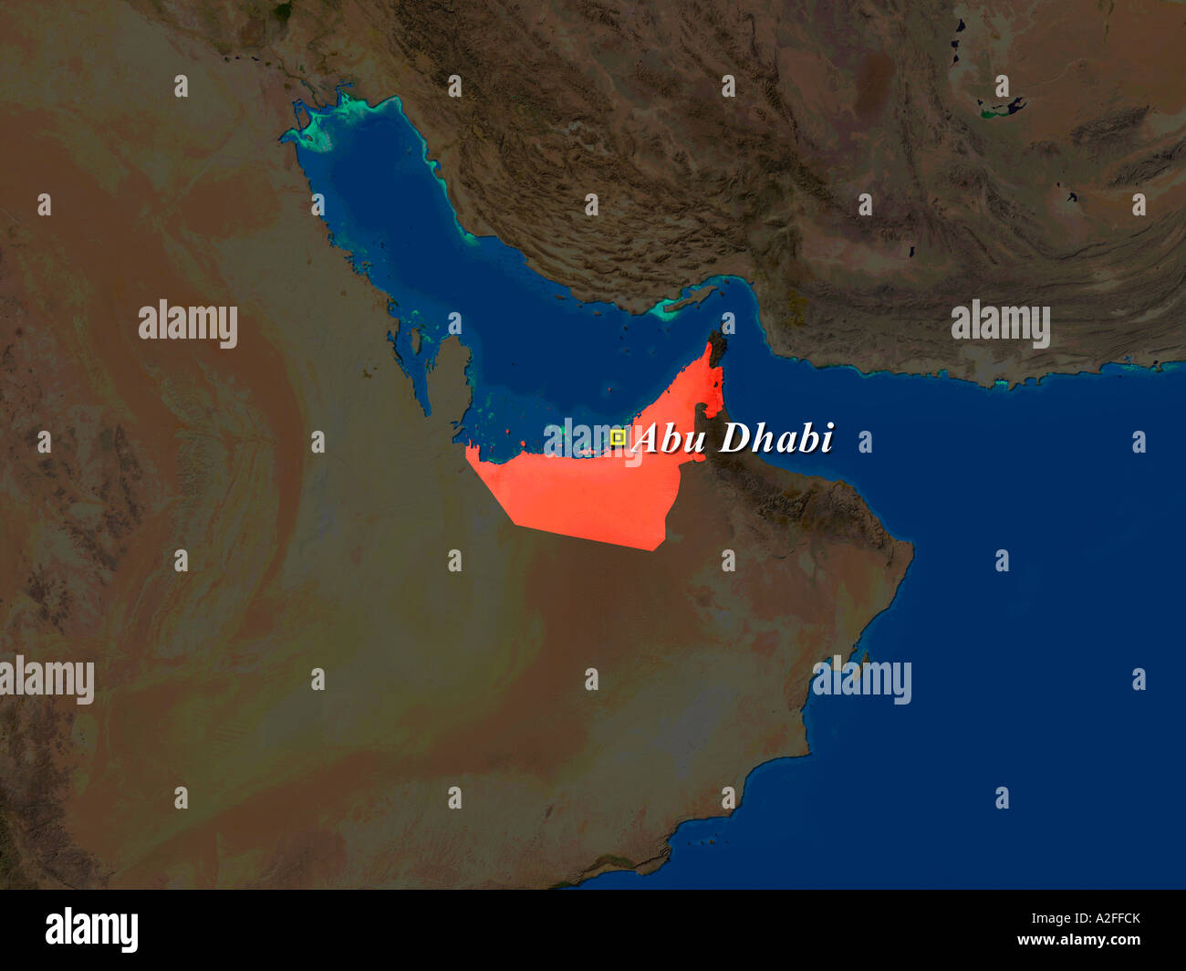 Ha evidenziato un'immagine satellitare degli Emirati Arabi Uniti con capitale Abu Dhabi mostrato Foto Stock