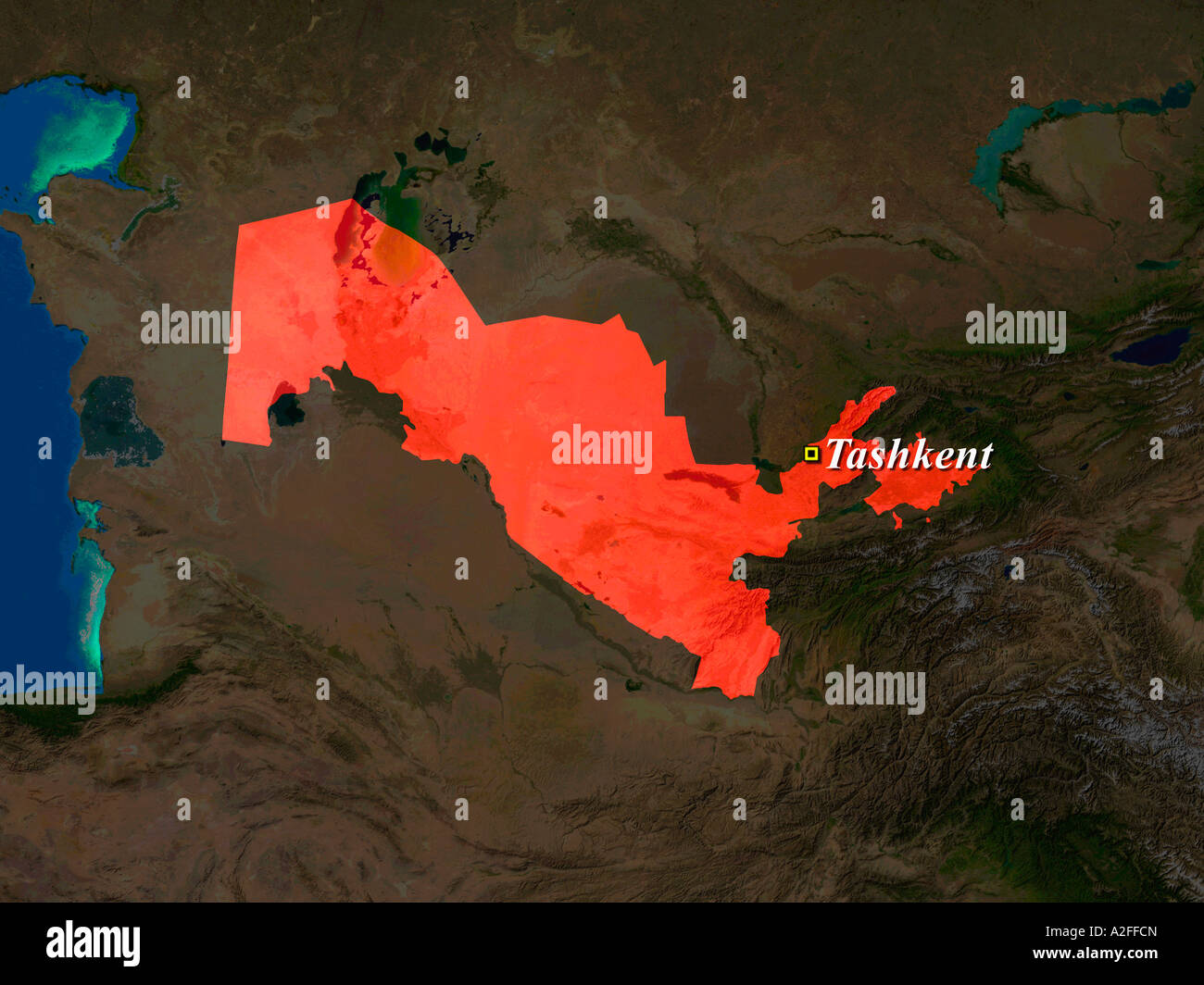 Ha evidenziato un'immagine satellitare di Uzbekistan con capitale Tashkent mostrato Foto Stock