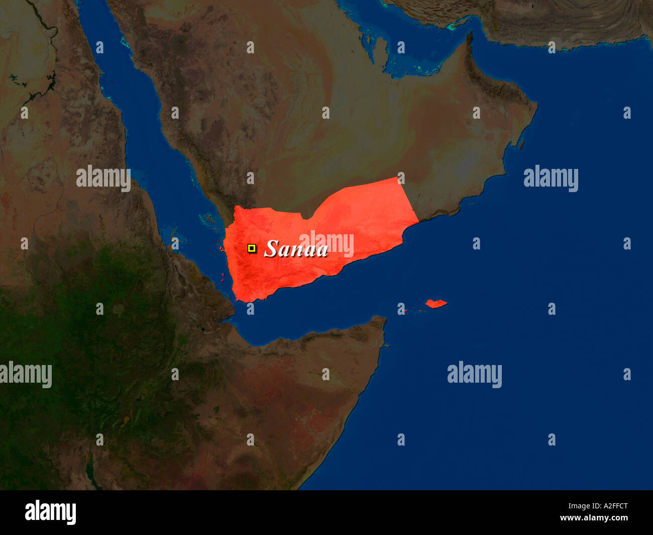 Ha evidenziato un'immagine satellitare dello Yemen con capitale Sanaa mostrato Foto Stock
