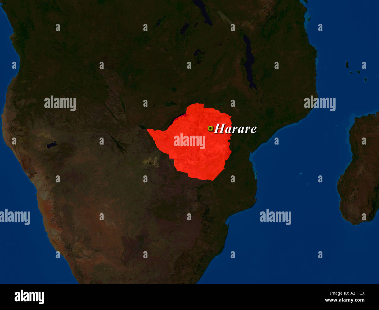 Ha evidenziato un'immagine satellitare dello Zimbabwe con capitale Harare mostrato Foto Stock