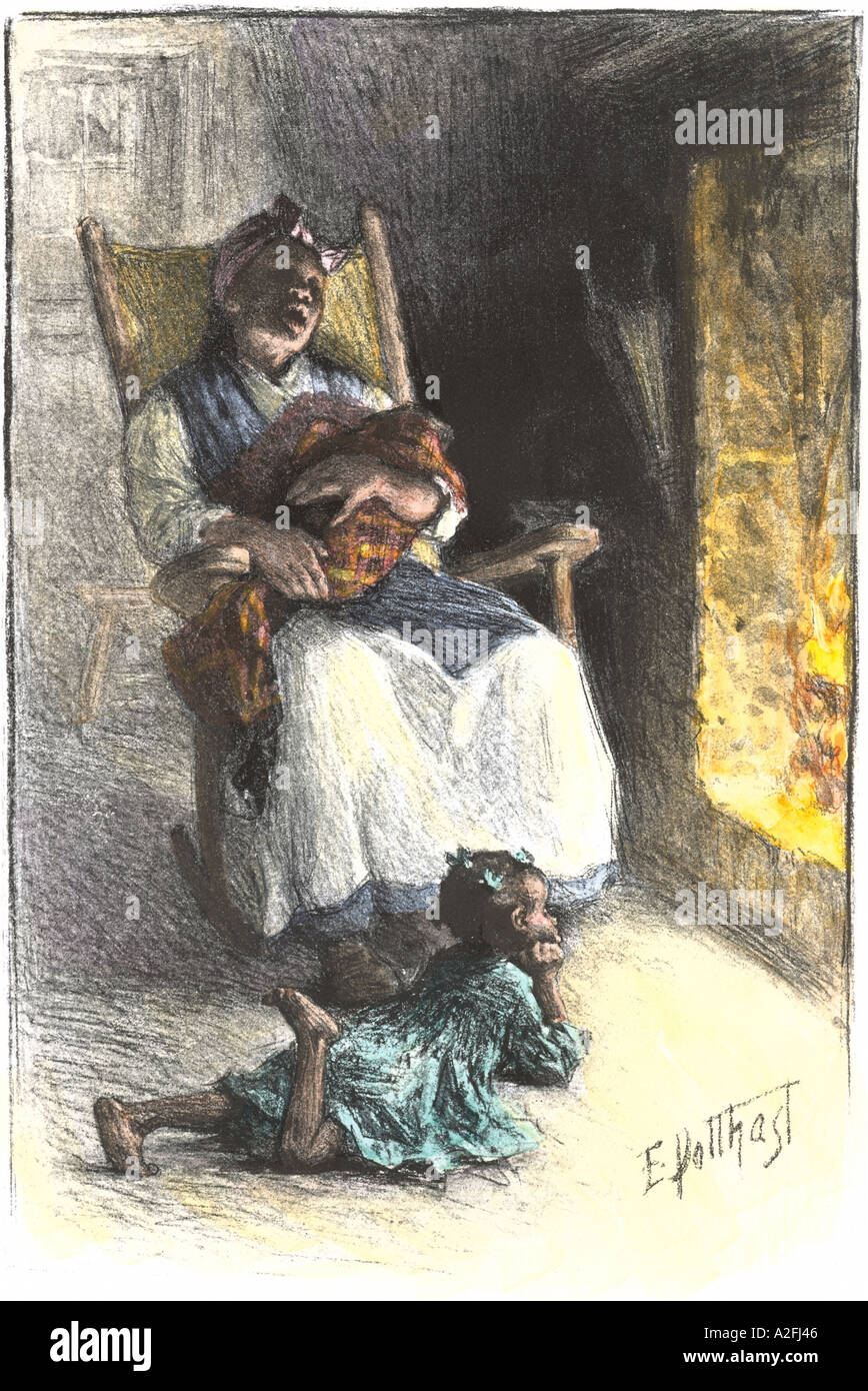 African American madre oscillante e il canto per i suoi figli in una cabina. Colorate a mano la xilografia Foto Stock