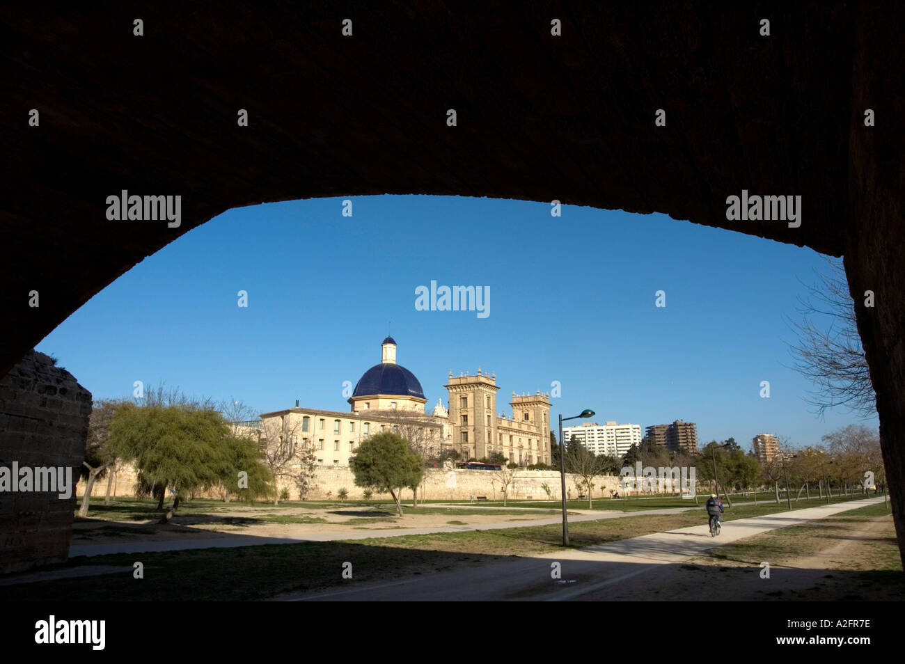 Vista A VALENCIA S al museo delle belle arti dal Parco Turia Jardines del Turia una volta un vecchio letto del fiume VALENCIA SPAGNA UE Foto Stock