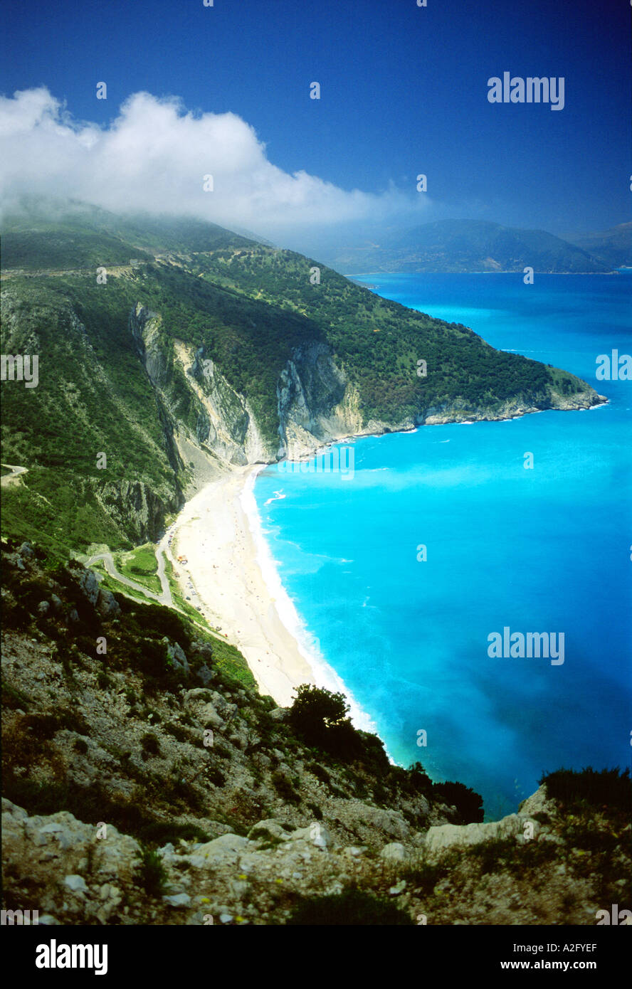 Myrtos Beach L'isola di Cefalonia in Grecia Foto Stock