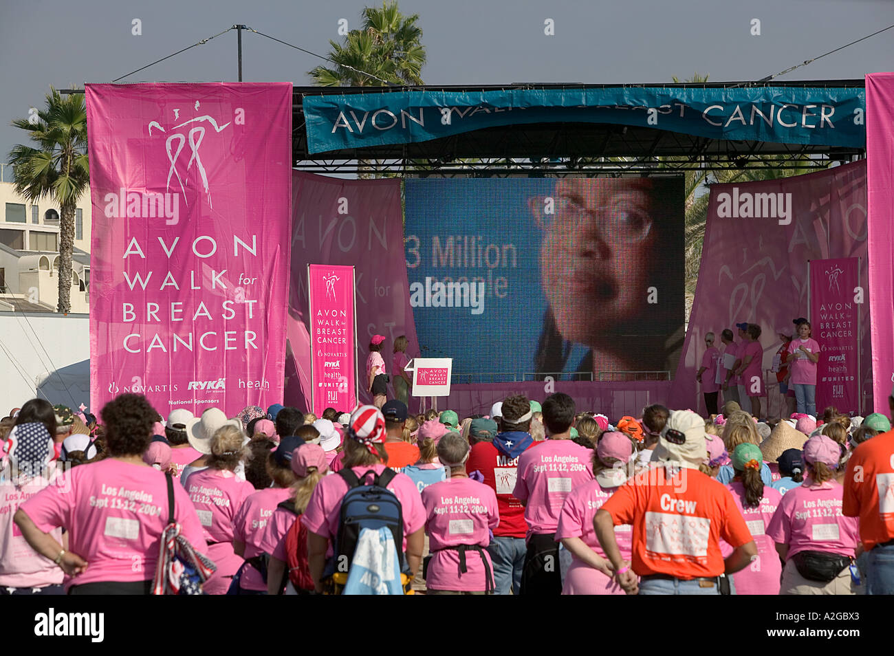 Centinaia di escursionisti che guarda un video dopo la finitura del Avon a piedi per il cancro al seno a Santa Monica, California Foto Stock