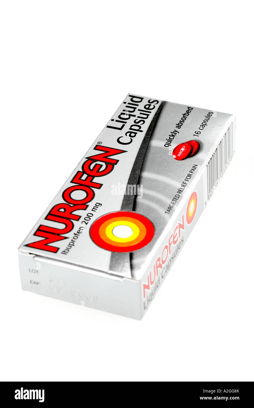 Nurofen o Ibuprofen sopra la Medicina contro il dolore, isolato su bianco senza persone Foto Stock