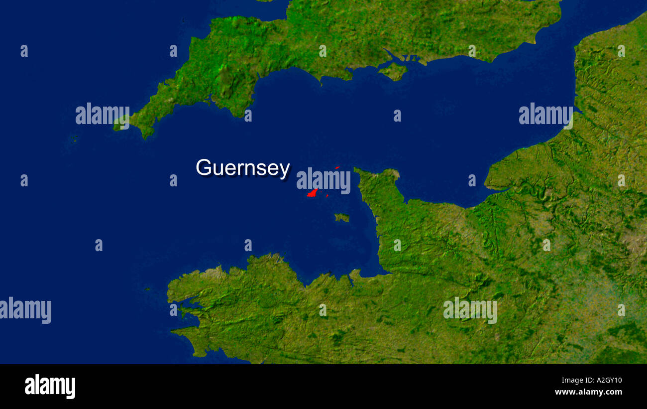 Immagine satellitare di Guernsey evidenziata in rosso con testo Foto Stock
