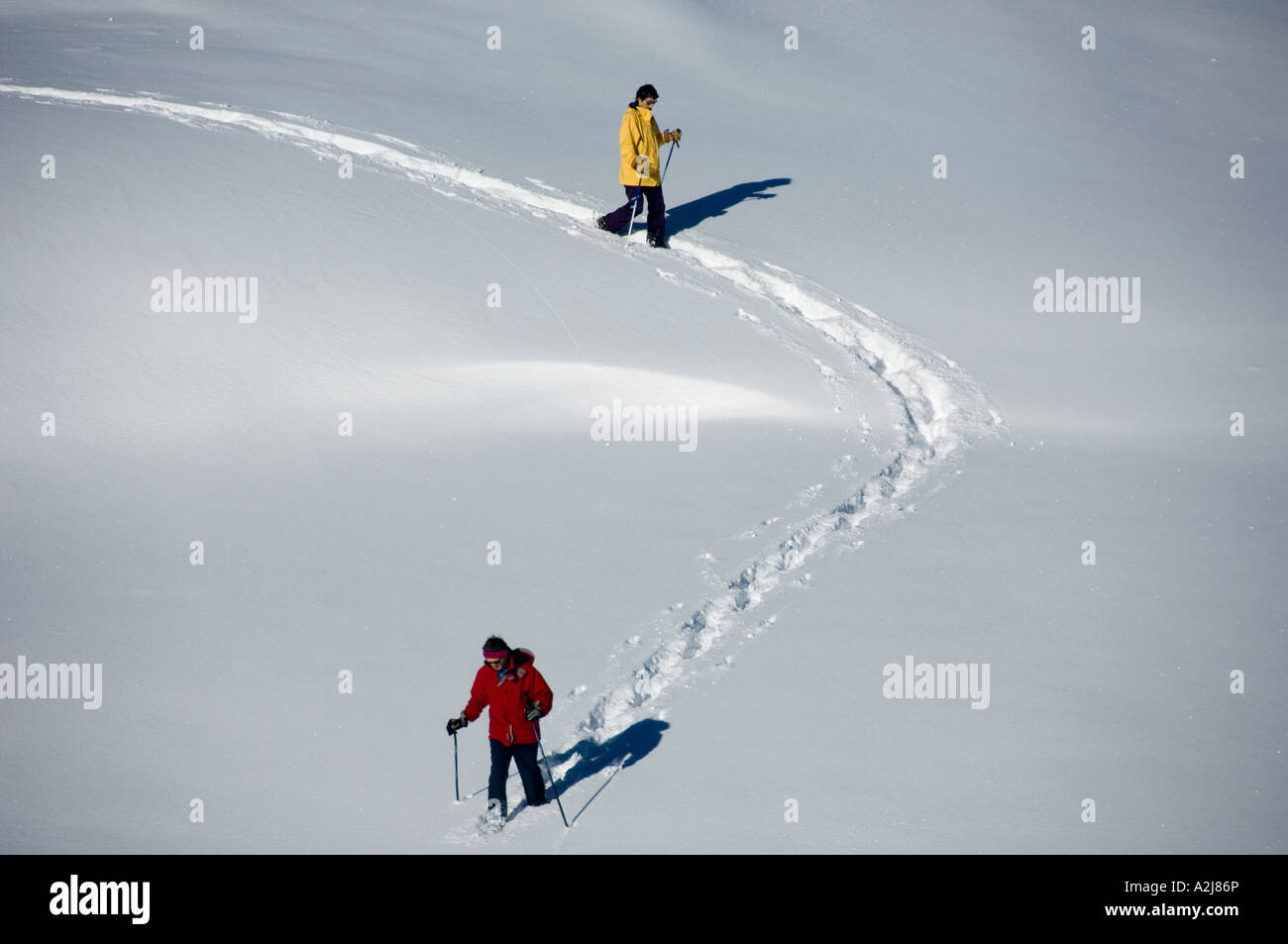 L uomo e la donna camminare sulla neve con le racchette da neve Foto Stock
