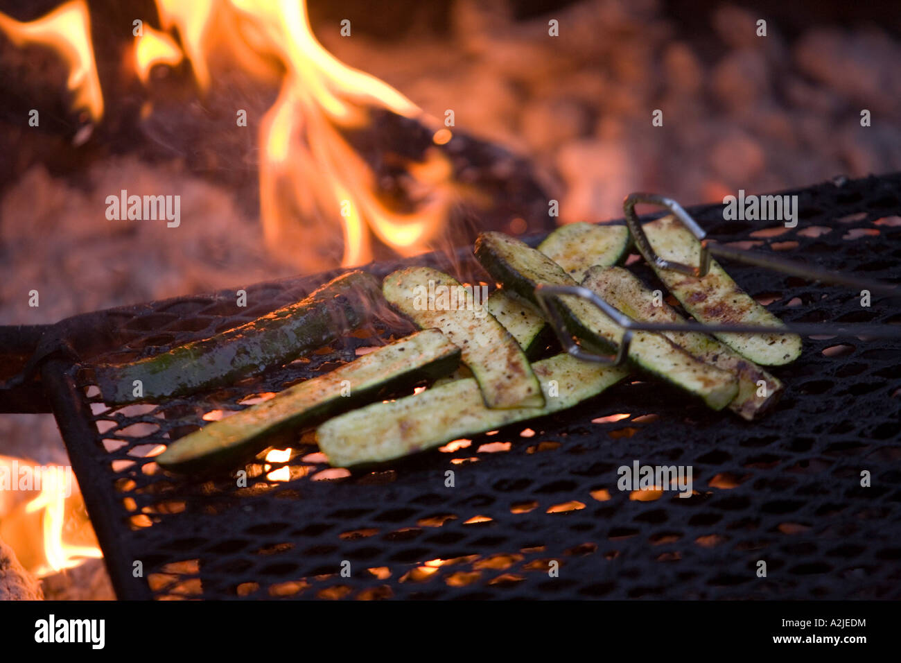 La cottura di squash su un fuoco durante un viaggio sul fiume sul Medio Forcella del fiume di salmoni, Idaho, Stati Uniti Foto Stock