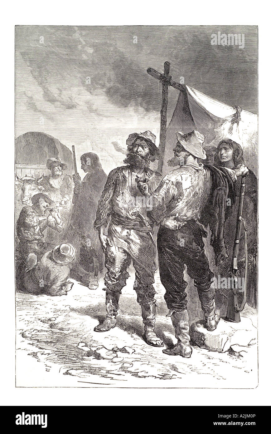 Nord America americano decantatore pioneer explorer vagone treno cowboy persone USA etnici abito tradizionale costume uomini Cappello in cuoio p Foto Stock