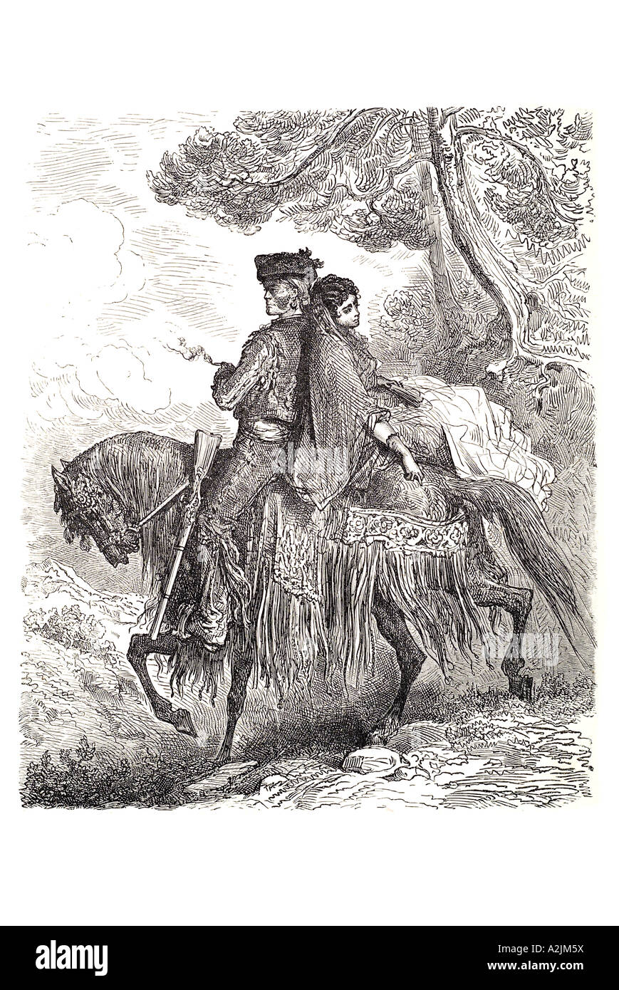 Spagnolo SPAGNA Espana spagna andalusia andalusia costume tradizionale abito uomo moglie cavalcare fucile stallone di montagna trave Foto Stock