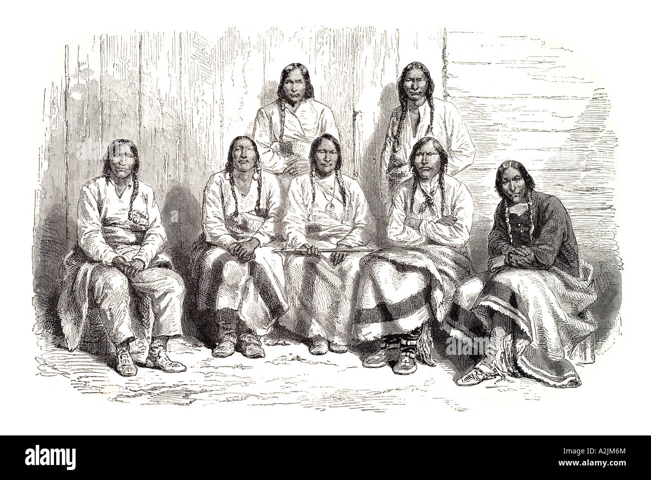 Nord America Americano rosso indigena indiana aborigeni USA etnici abito tradizionale costume treccia uomini abbigliamento in pelle t Foto Stock