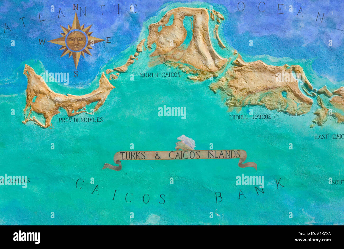 Caraibi, Turks e Caicos, Isola di Providenciales, Grace Bay: murale Mappa di Isole Turks e Caicos Foto Stock