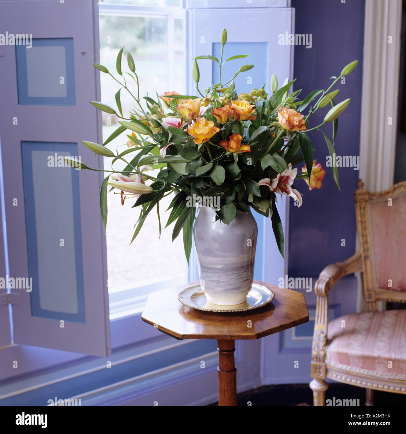 Vaso di fiori sulla pianta ottagonale nella parte anteriore della finestra con otturatori Foto Stock