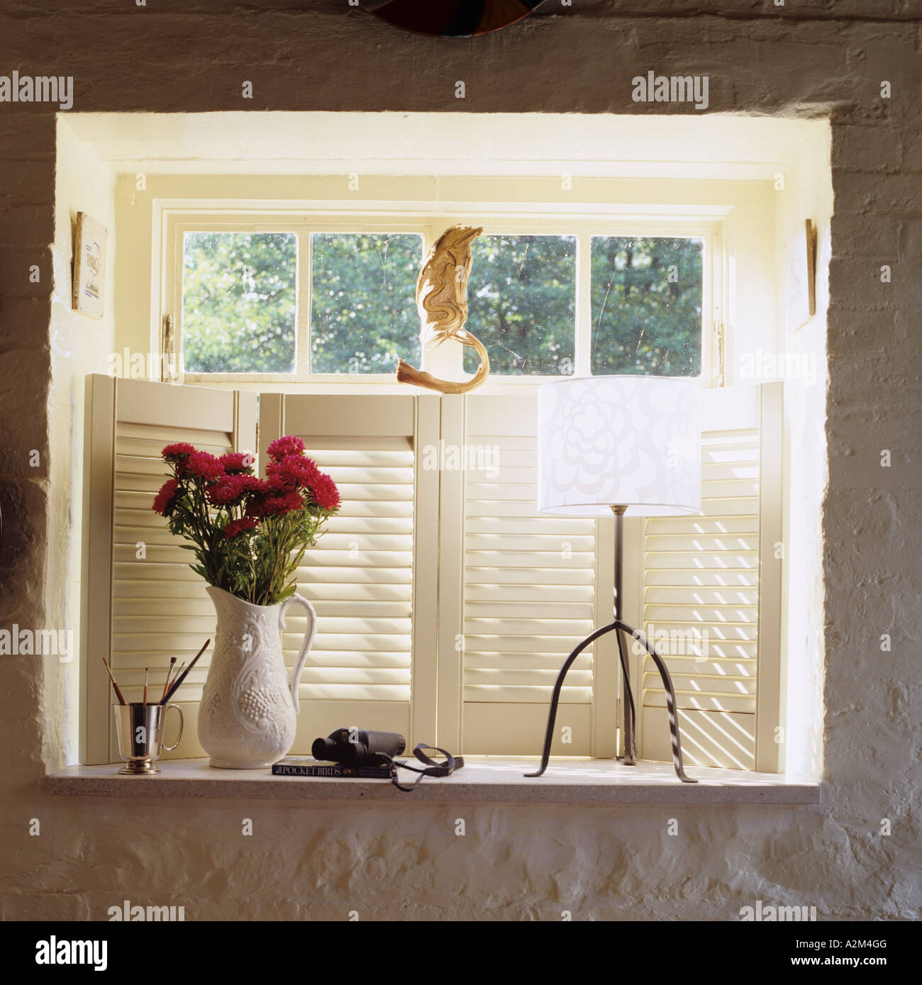 Brocca di fiori sul davanzale di una finestra con persiane bianche Foto Stock