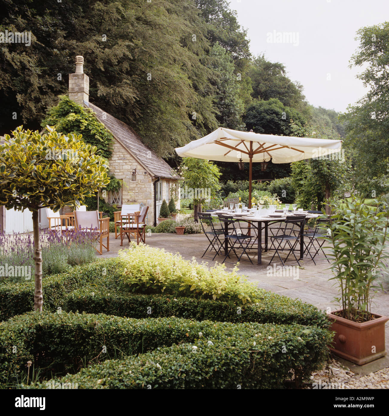 Ombrellone e tavolo in giardino cottage con topiaria da hedge Foto Stock