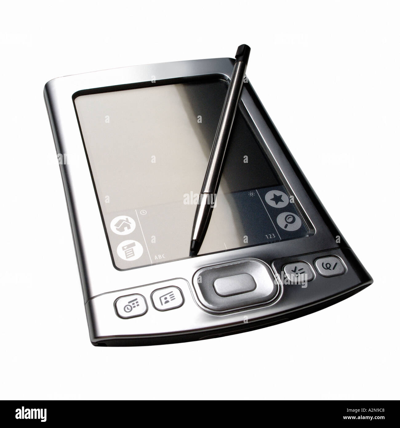 PDA Palm Organizer pilota con la penna stilo su sfondo bianco Foto Stock