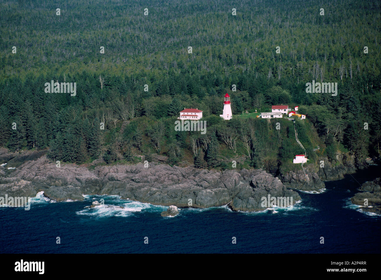 Pachena Point Lighthouse, Costa Ovest, l'isola di Vancouver, BC, British Columbia, Canada - Oceano Pacifico, Vista Aerea Foto Stock