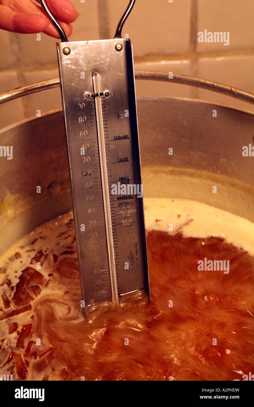 La marmellata di arance ebollizione in una pentola conservando il controllo della temperatura Foto Stock