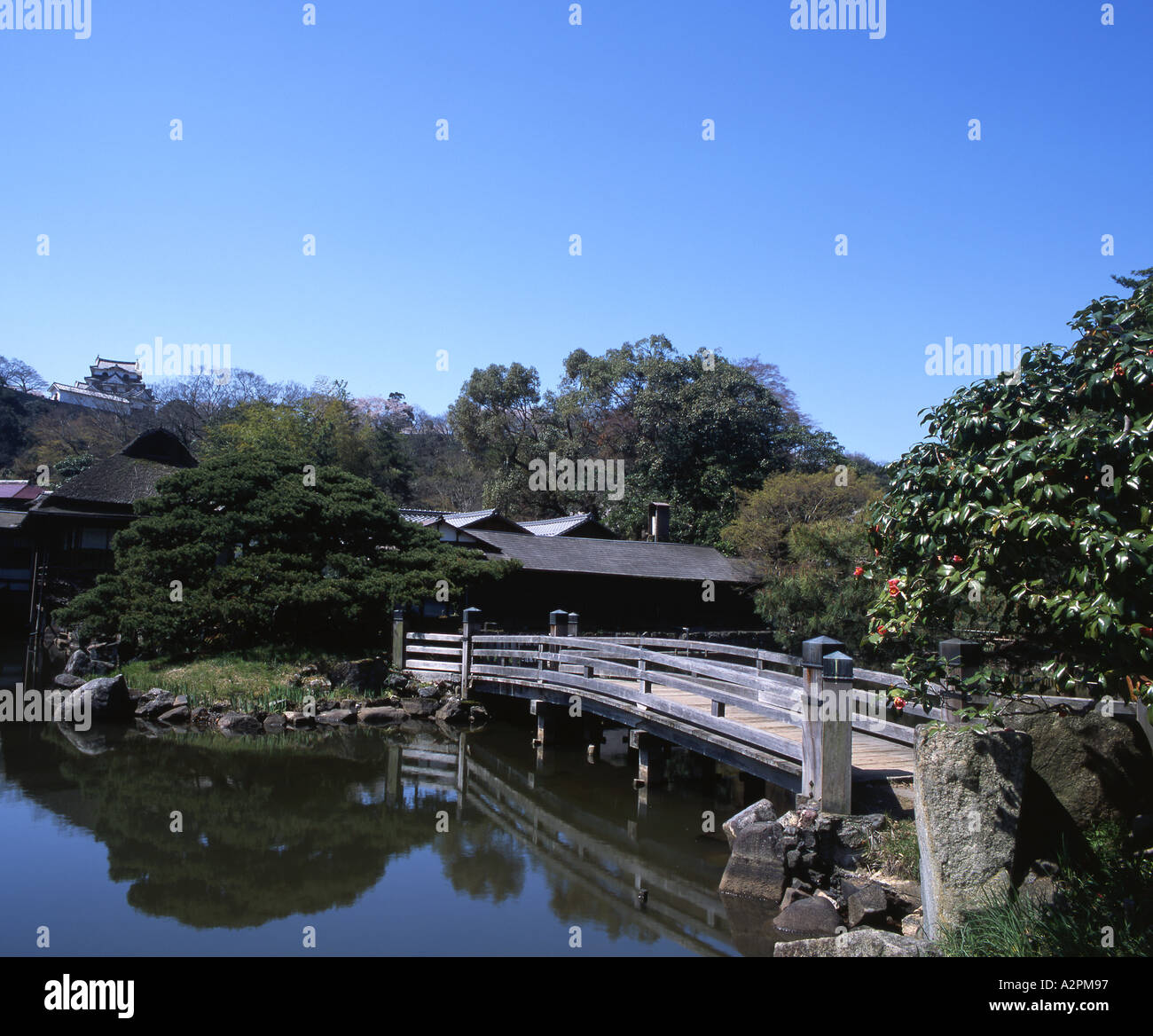 Il castello di Hikone Genkyu en tradizionale giardino giapponese Foto Stock