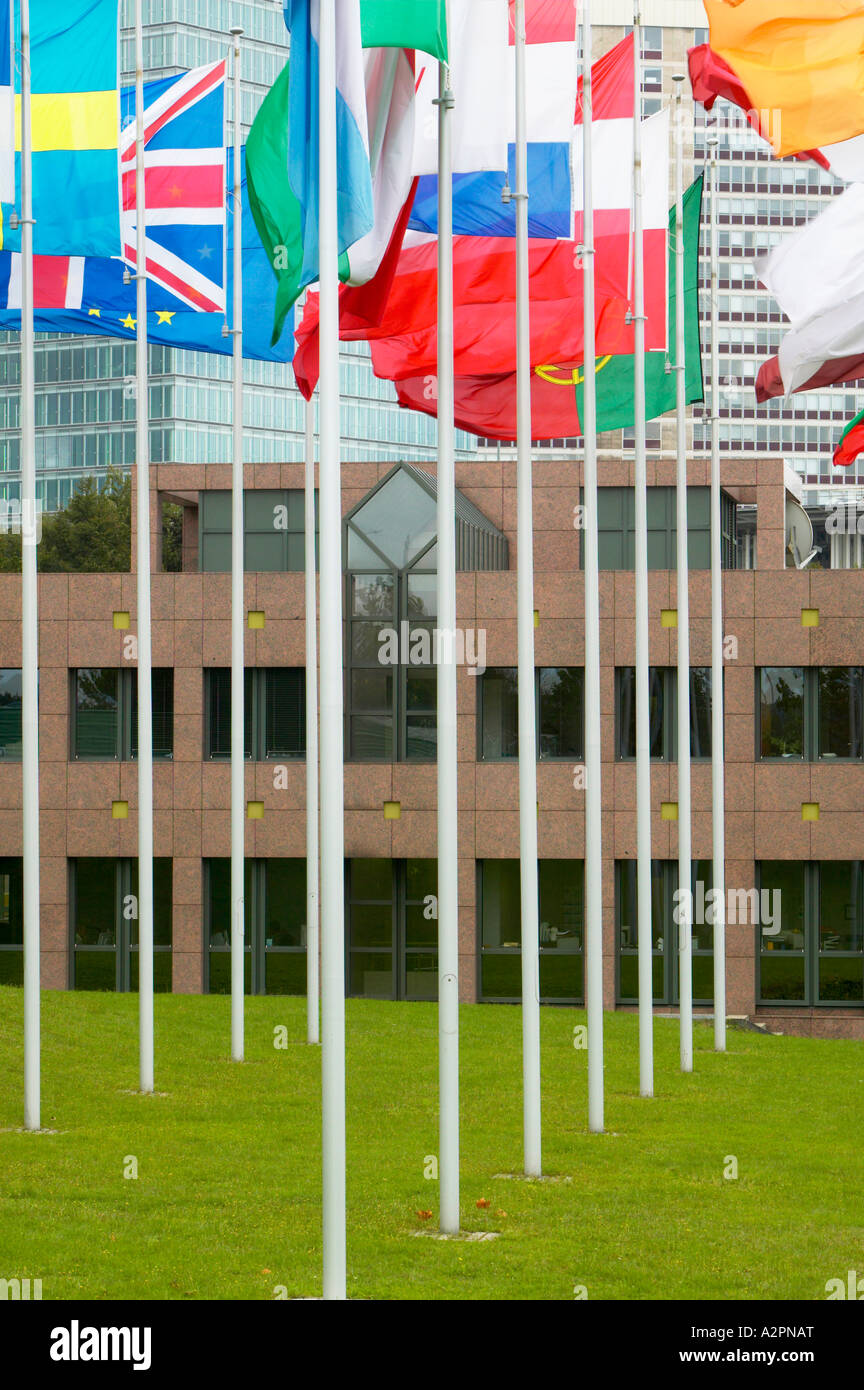 Bandiere di paesi dell' Unione europea al di fuori della Corte di giustizia dell'Unione europea, Kirchberg, Lussemburgo città Foto Stock