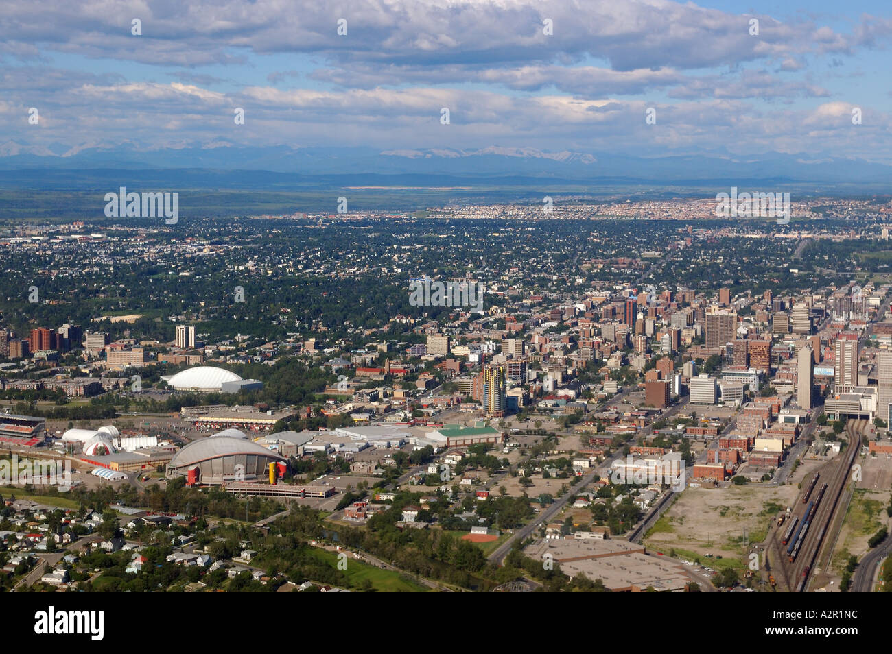 Vista aerea del centro cittadino di Calgary centri sportivi Foto Stock