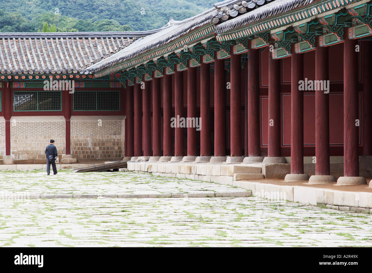 Uomo di incrocio in corrispondenza del Cortile del Palazzo Gyeongbokgung Foto Stock