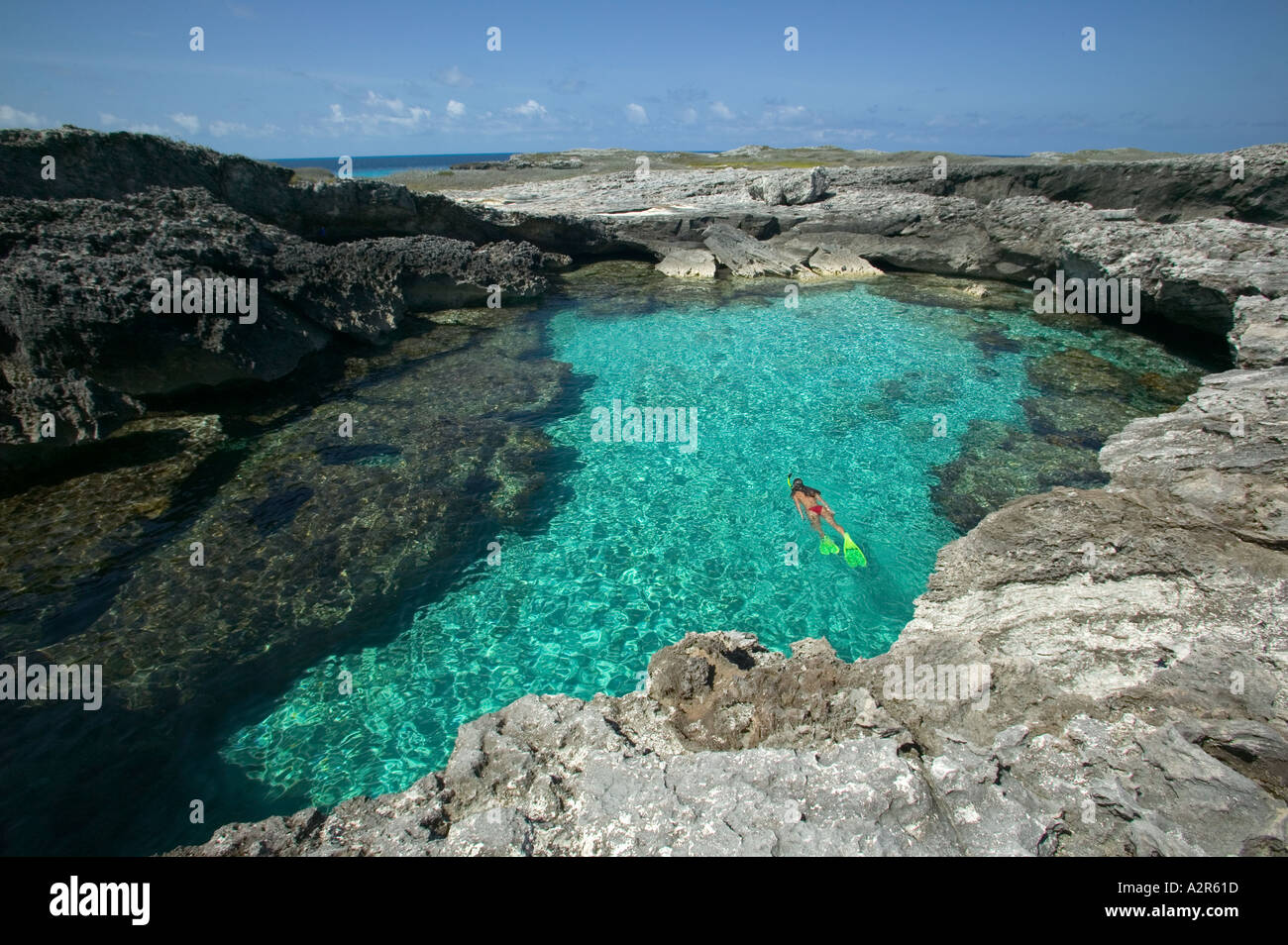 La donna lo snorkeling nel foro di nuoto Cay Sal Banca Isole Bahamas Foto Stock
