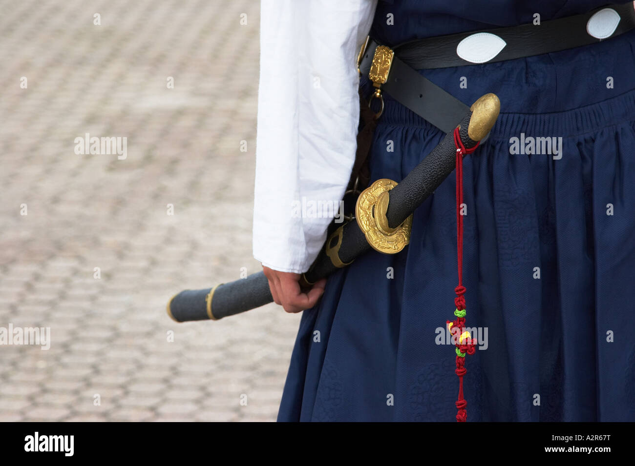 Close up del soldato con la spada Foto Stock