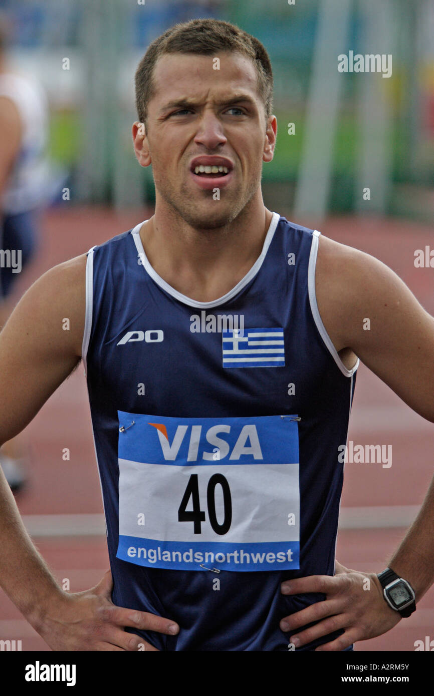 Il Paralympic World Cup 07 05 2006 Manchester Arena regionale Athanasios Letkas della Grecia dopo la concorrenza negli uomini di T35 200m Foto Stock