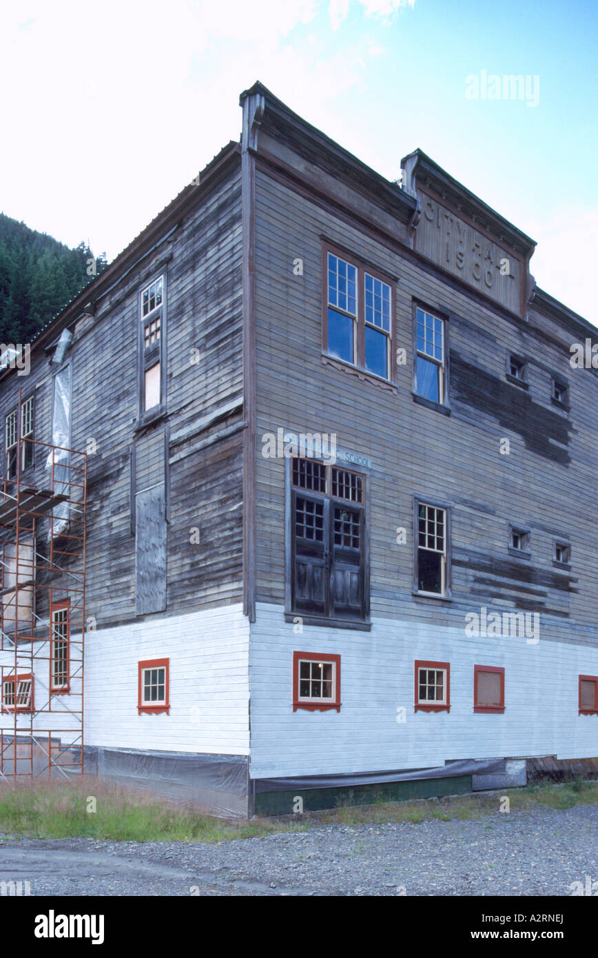 Sandon, BC, British Columbia, Canada - Old City Hall nel centro storico di 'Silver Rush' Mining città fantasma, Regione di Kootenay Foto Stock