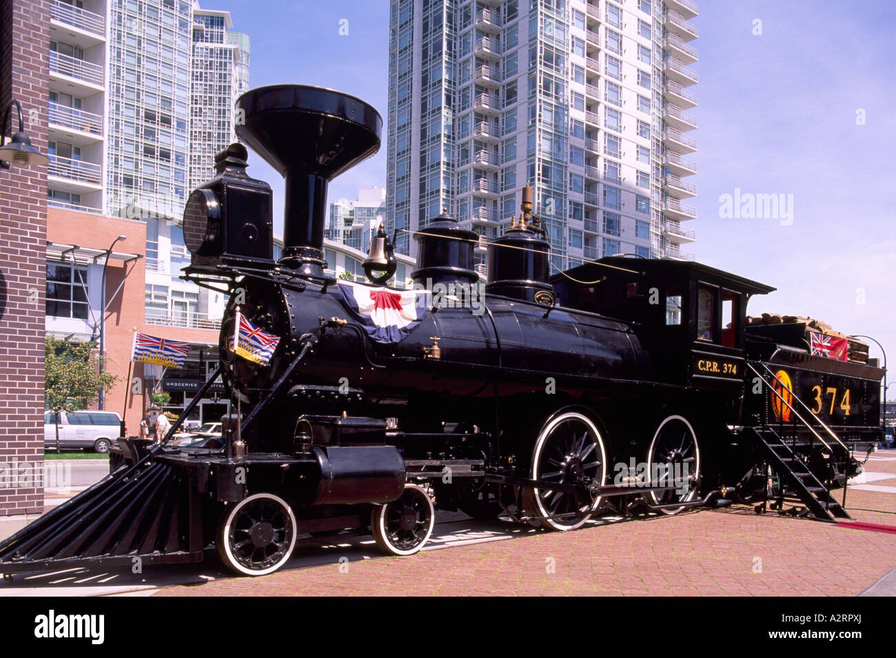 Storico motore RCP 374 restaurata e situata al Roundhouse nel centro cittadino di Vancouver British Columbia Canada Foto Stock