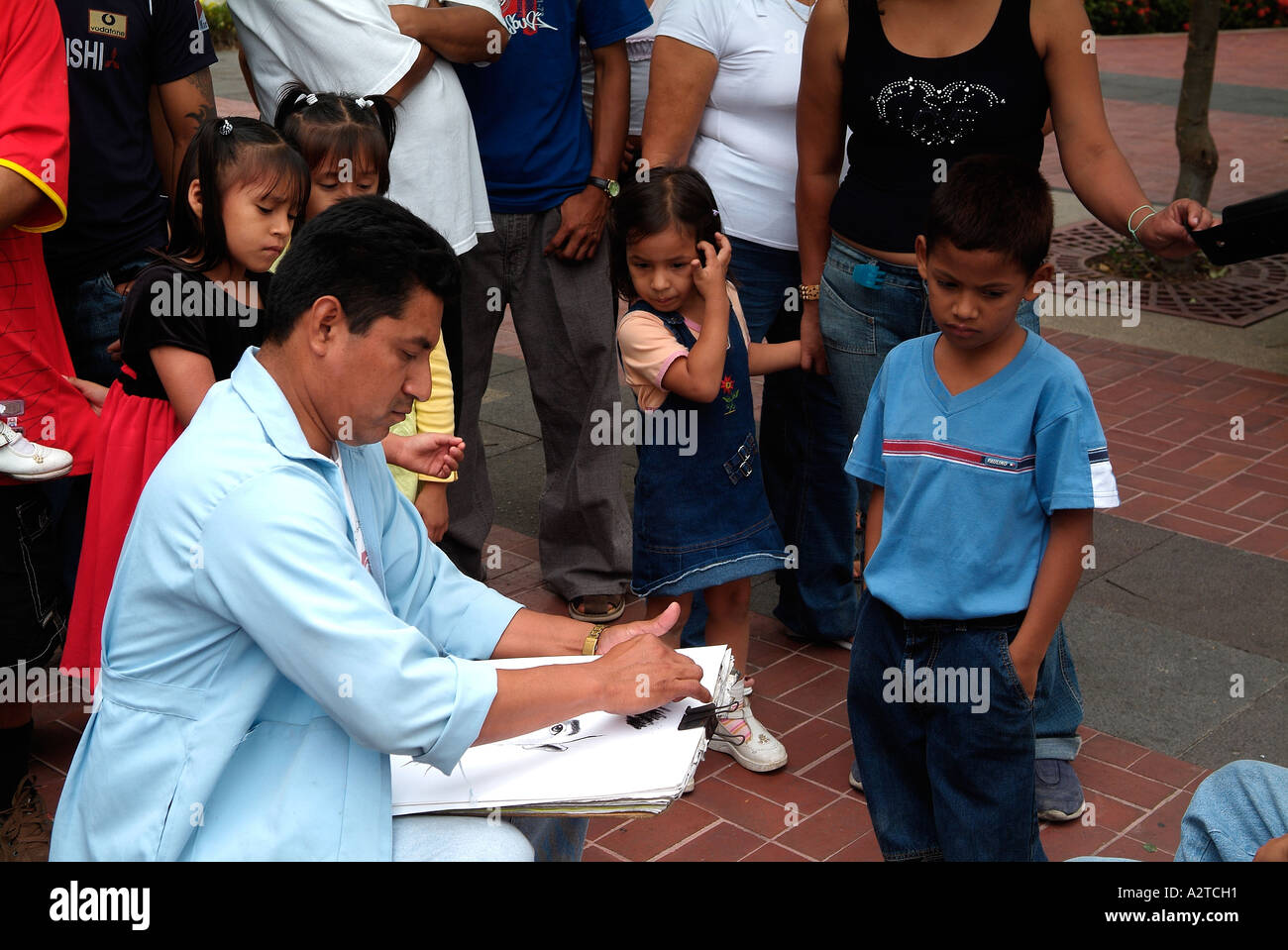 Caricaturista booth nel centro di Guayaquil, Ecuador. Foto Stock