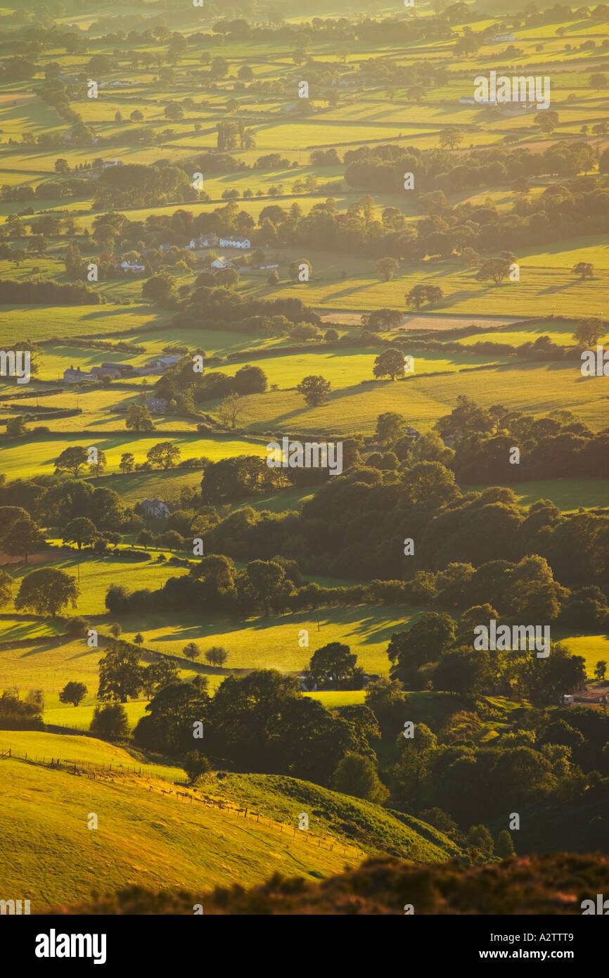 Guardando giù nel vale Clwyd da Moel Famau, con la luce del tardo pomeriggio attraverso il paesaggio. Foto Stock