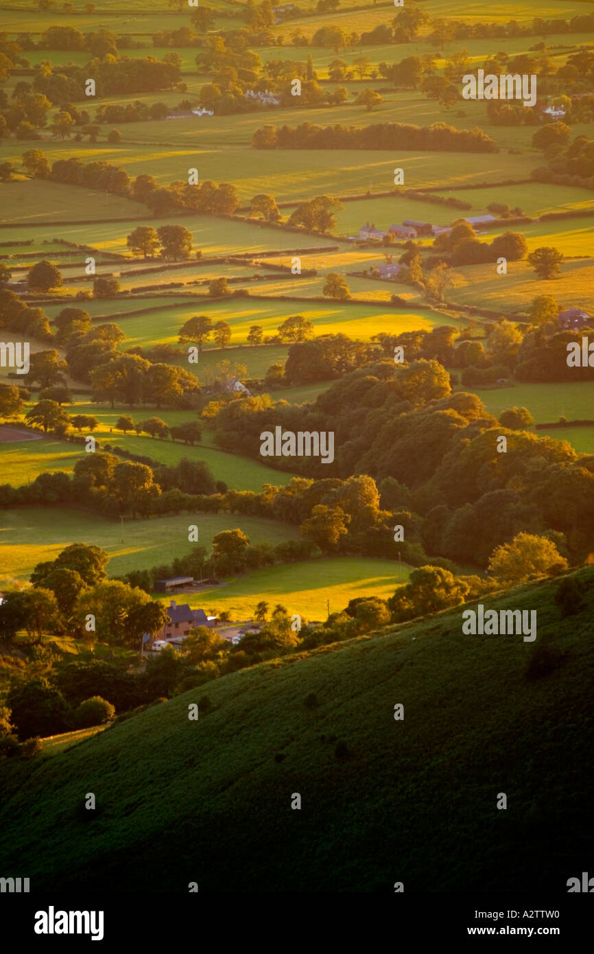 Guardando giù nel vale Clwyd da Moel Famau, con la luce del tardo pomeriggio attraverso il paesaggio. Foto Stock